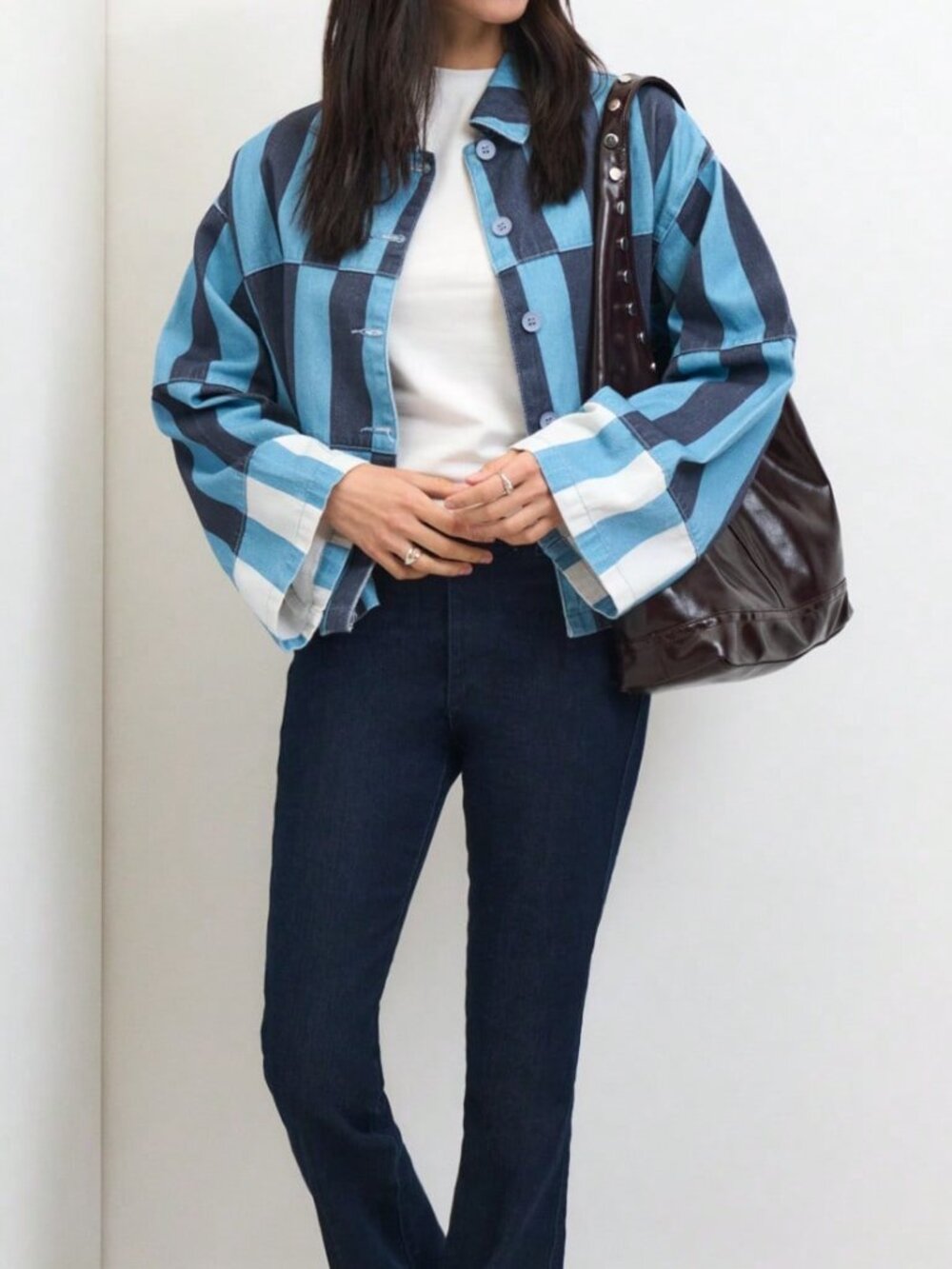 Blue Casual Women's Striped Cropped Jacket with Contrast Patch Pockets - Picture 6 of 8